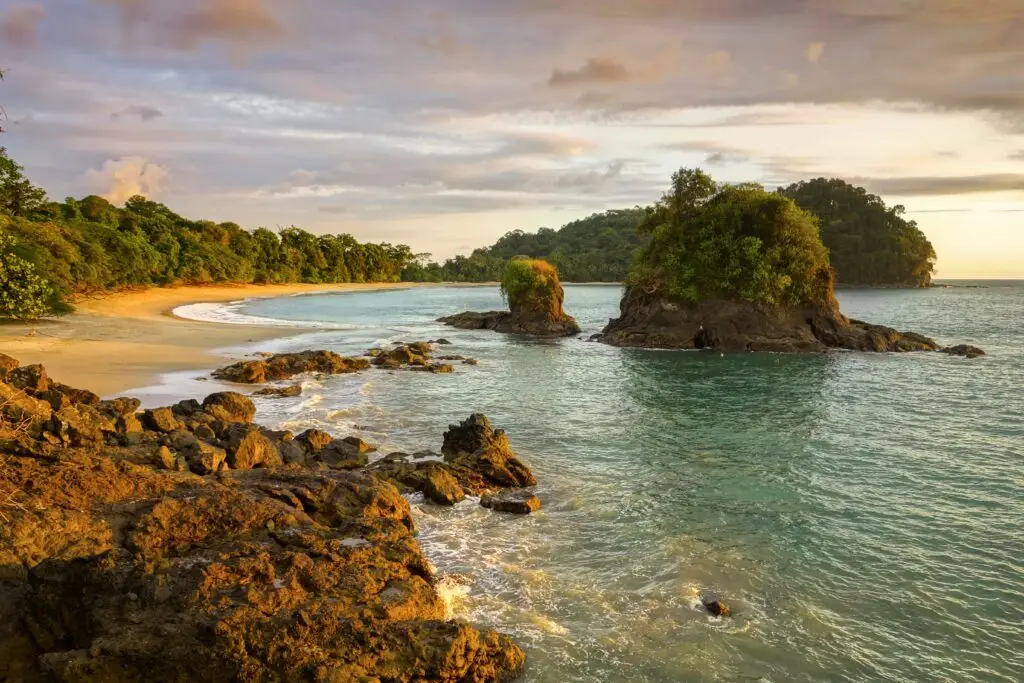 Scenic Sunset View and Dramatic Landscape of Playa Espadilla Beach in Manuel Antonio National Park Costa Rica