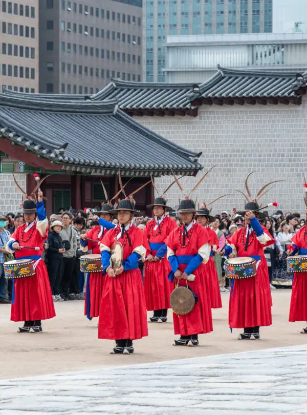 Reenactment of change of Korean royal guards ceremony in historical Joseon costumes in Gyeongbokgung palace in Seoul South Korea on 4 November 2023