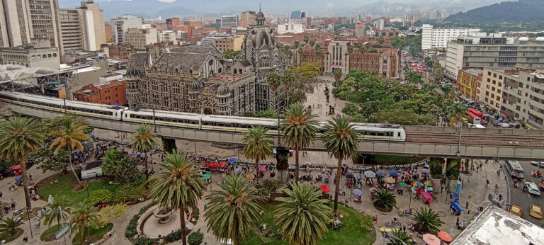 Aerial and panoramic photograph of downtown Medellin, Colombia