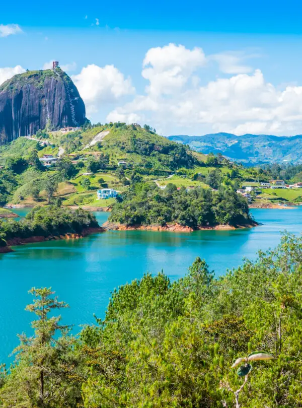 panoramic view of Penol lake and the famous homonym stone Guatape